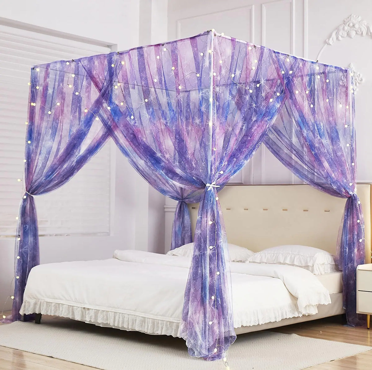 Mengersi Tie Dye Canopy Bed Curtains with LightsGradient Ombre Bed Canopy for GirlsCanopy for Bed Princess Bed Drapes for Girls Room Decor(QueenPurple) Mimarta