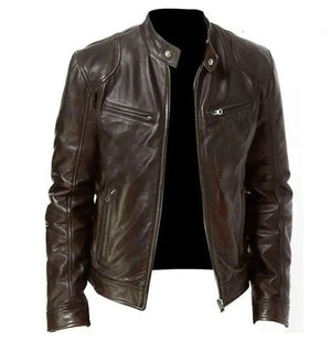 Men's Zip Cardigan PU Leather Jacket With Stand Collar Rieworkes