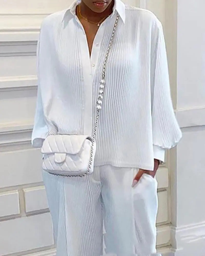 New Women's Wrinkle-Effect Long Sleeve Shirt Set Mimarta