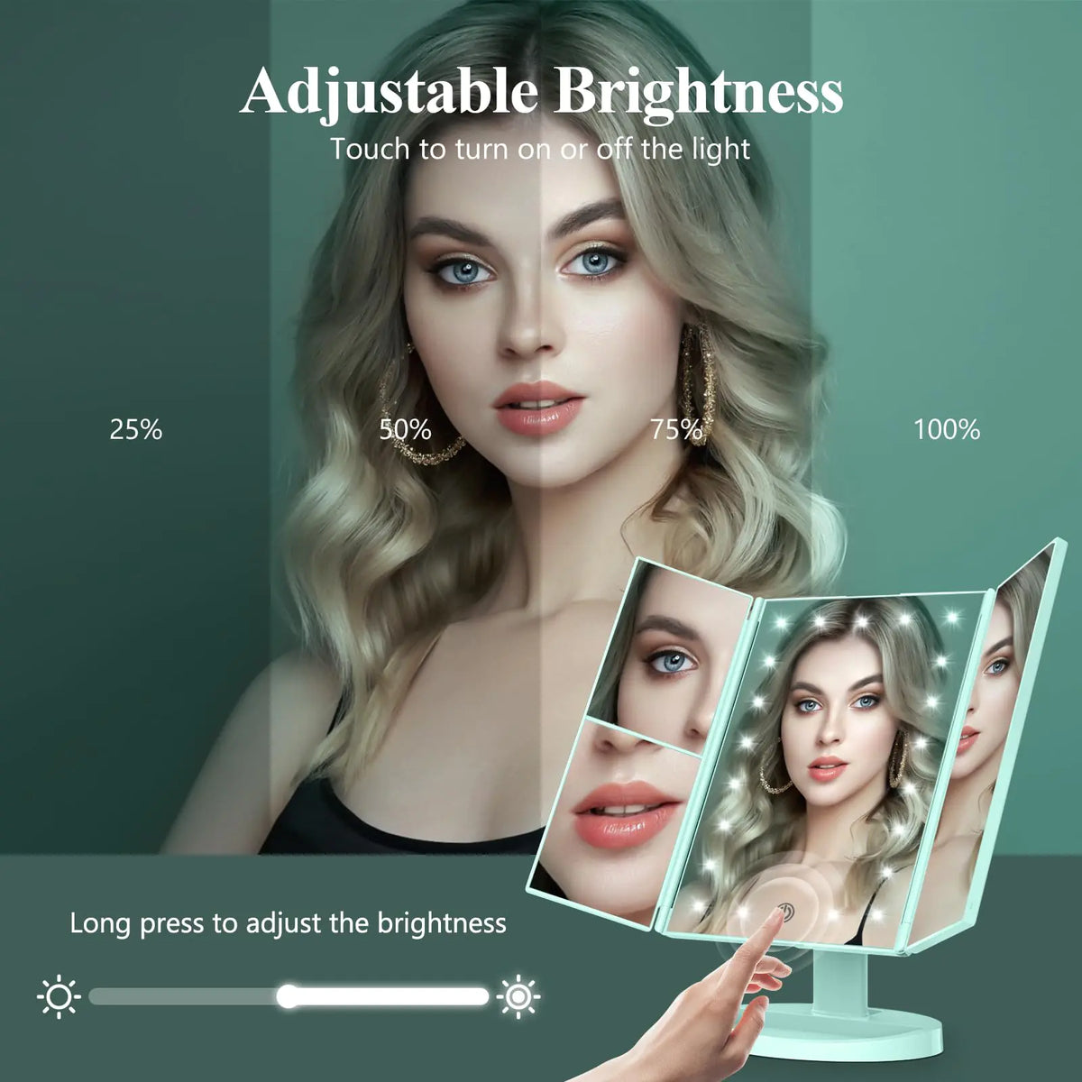 HUONUL Makeup Mirror Vanity with Lights, 2X 3X 10X Magnification, Lighted Mirror, Touch Control, Trifold Dual Power Supply, Portable LED Women Gift (Green) Green Rieworkes