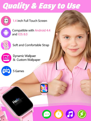 Kids Smart Watch Girls Boys, Smart Watch for Kids Game Smart Watch Gifts for 4-16 Years Old with Sleep Mode 20 Sports Modes 5 Games Pedometer Birthday Gift for Boys Girls (Pink) Pink Rieworkes