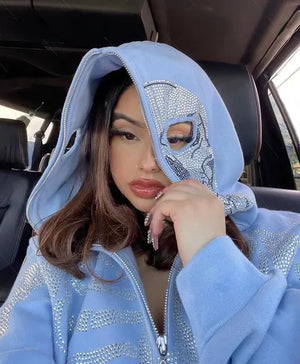 Skeleton Rhinestone Hoodie Full Zip Up Women Cyber Y2K Hooded Sweatshirts Rieworkes