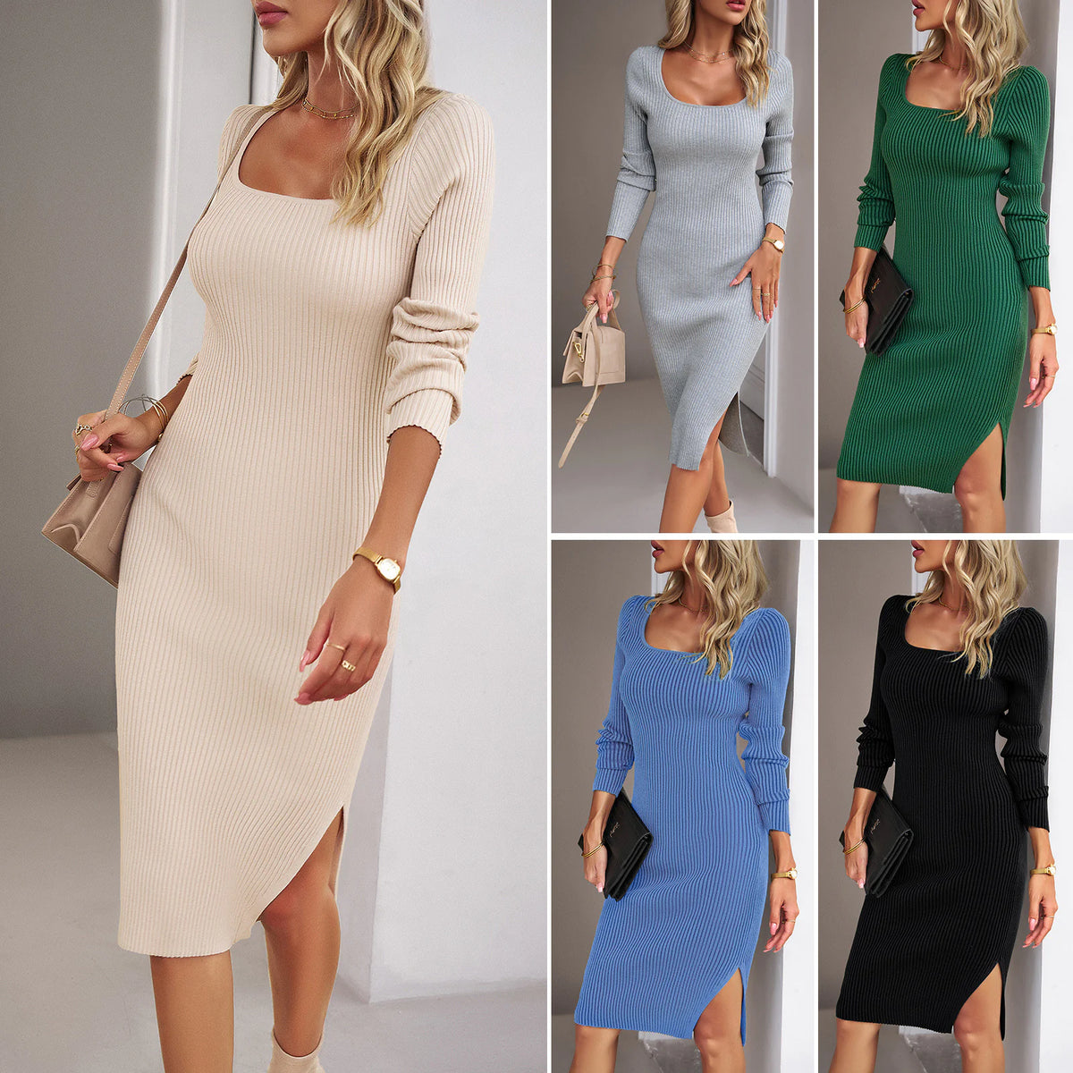Women's Square Collar Woolen Dress Rieworkes