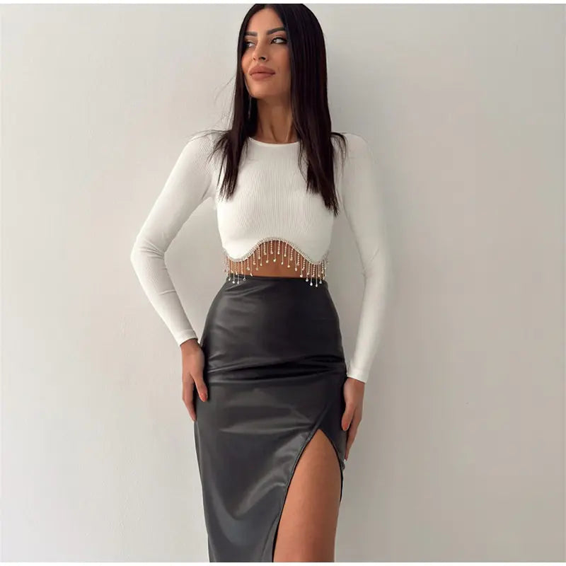 Elegant Rhinestone Tassel Cropped Top Rieworkes