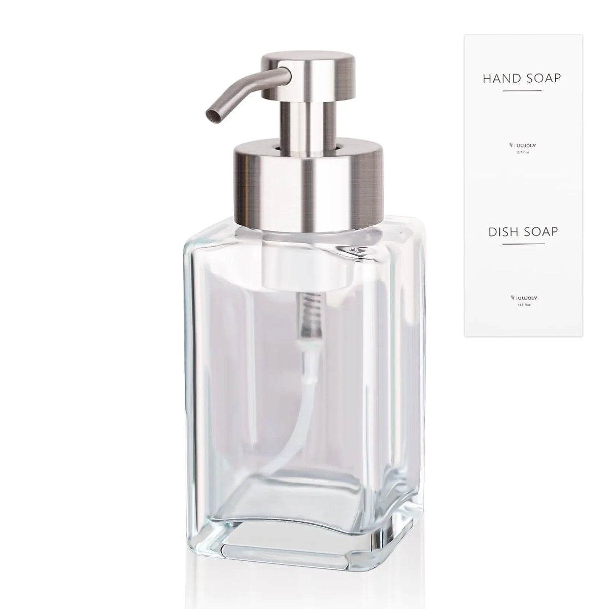 Foaming Soap Dispenser with Stainless Steel Pump 12oz Refillable Glass Liquid Dish Soap Bottles for Bathroom Kitchen Sink Home Decor Rieworkes