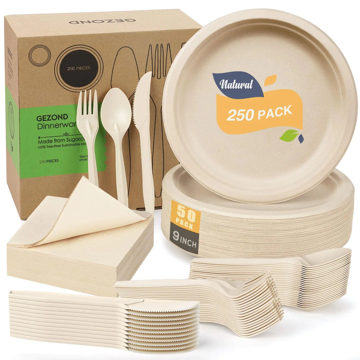 Gezond 250pcs Disposable Paper Plates Set Compostable Party Supplies Biodegradable Dinnerware Include Paper Plates Cocktail Napkins Utensils for Party Picnic 50 Each Rieworkes