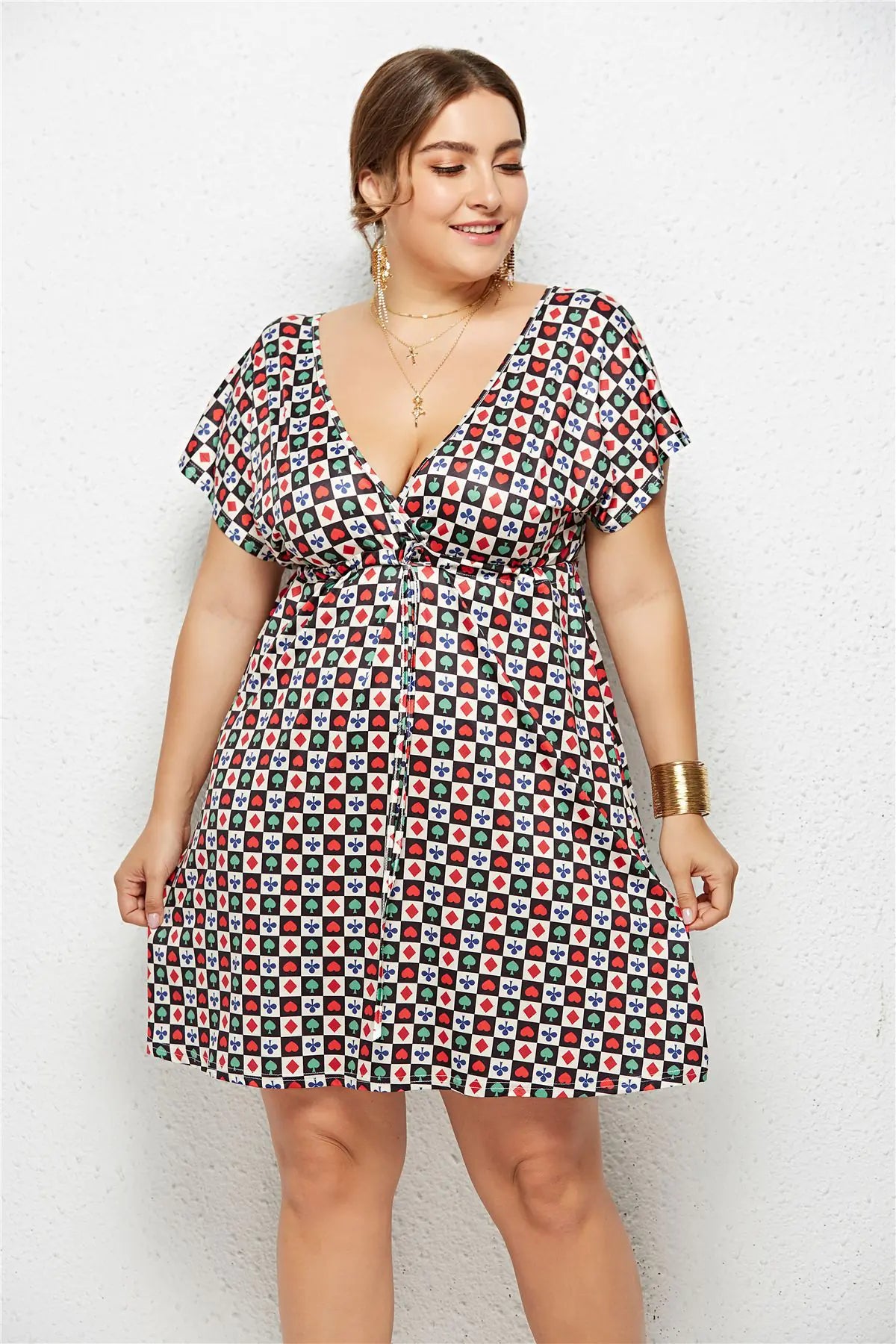 Printed Deep V-Neck Dress with Elastic Waist Mimarta