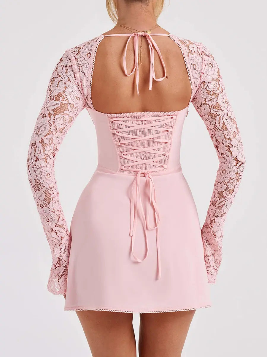 Women's Elegant Luxury Pink Lace Party Dress Rieworkes
