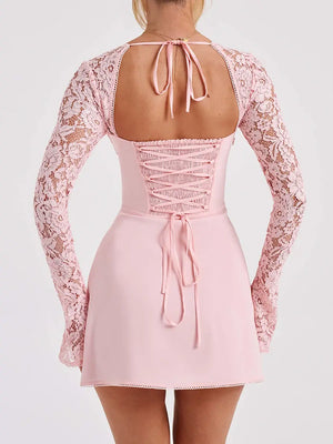 Women's Elegant Luxury Pink Lace Party Dress Rieworkes