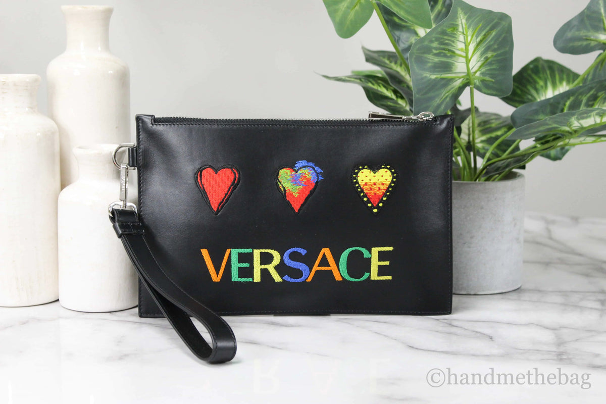 Versace Small Leather Embroidered Heart Patch Clutch Mimarta