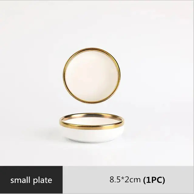 High-quality Matte Gilt Rim White Porcelain Dinner Tray Kitchen Plates Ceramic Tableware Food Dishes Rice Salad Noodles Bowl Rieworkes