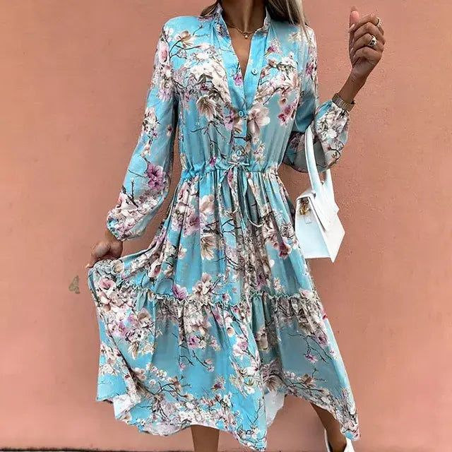 Elegant V Neck Office Long Shirt Dress Rieworkes