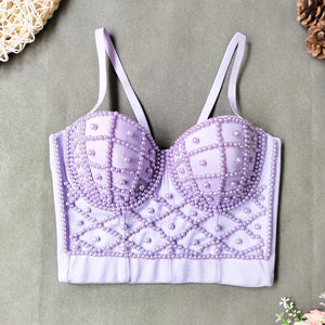 Women's Fashionable Elegant Pearl Spaghetti-strap Camisole Top With Chest Pad Rieworkes
