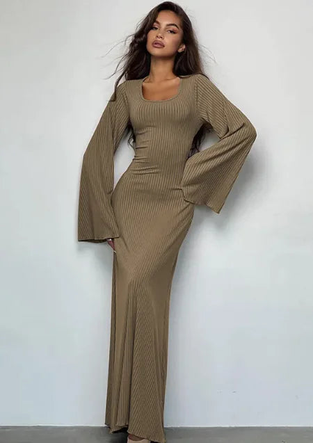 Fashion U-neck Dress Back Lace-up Long Bell Sleeve Dresses Women Rieworkes
