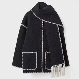 Women's Thick Woolen Coat with Scarf Rieworkes