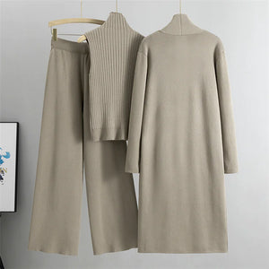 Women's 3-Piece Knit Set: Sleeveless Vest, Long Cardigan, and Wide-Leg Pants Rieworkes