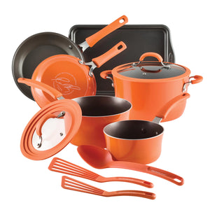 Rachael Ray Cook + Create Nonstick Pots and Pans Set with Universal Space-Saving Lids Baking Pan/Cookie Sheet and Kitchen Cooking Tools Cookware Set 11 Piece - Orange Rieworkes
