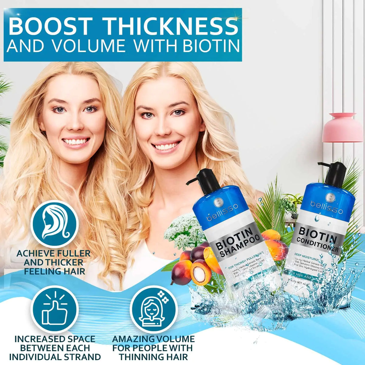 Biotin Shampoo and Conditioner Set - Sulfate and Paraben Free Treatment for Men and Women - Hair Thickening Volumizing Products to Help Boost Thinning Hair with Added Keratin 16 Fl Oz (Pack of 2) Rieworkes