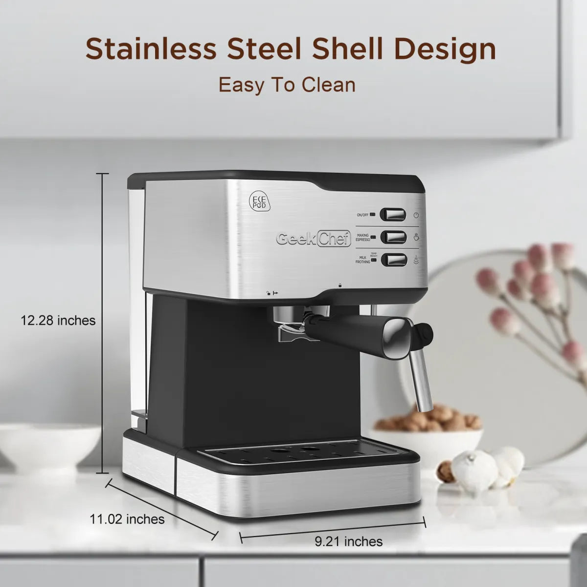 Geek Chef Espresso Machine, Espresso&Cappuccino Latte Maker 20 Bar Coffee Machine Compatible With ESE POD Capsules Filter&Milk Frother Steam Wand, 950W, 1.5L Water Tank,Ban Rieworkes