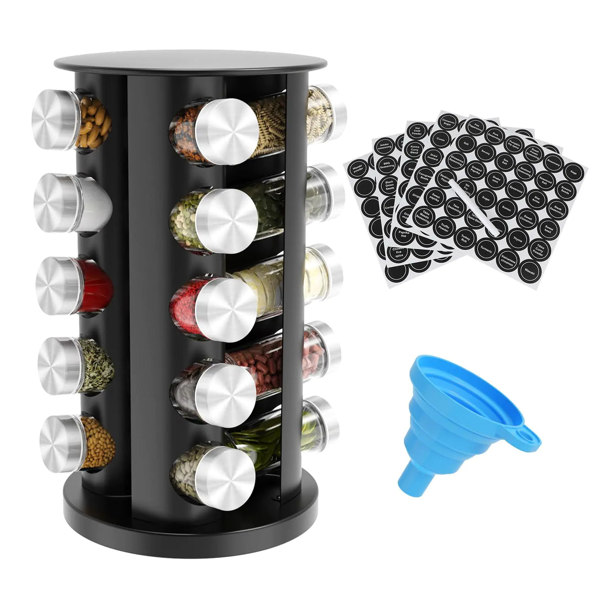 Daiumulti Rotating Spice Rack Organizer Spice Tower for Countertop Revolving Spice Rack Set for Cabinet Black Steel Kitchen Seasoning Organizer with 20 Jars and Funnel Mimarta