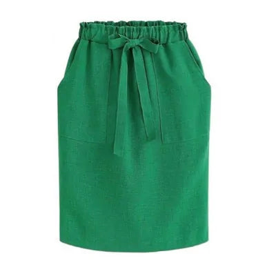 Women's Cotton Elastic Waist Bow Skirt - Summer/Autumn Midi Office Pencil Style (Green) Rieworkes