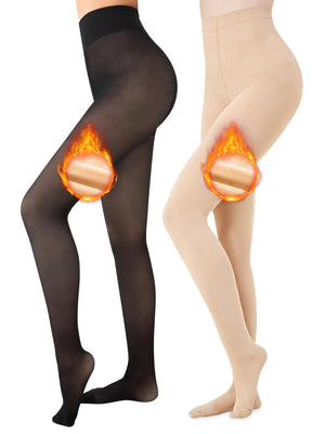 Ultrafun 2 Pairs Fleece Lined Tights Fake Translucent Thick Tights Warm Thermal Pantyhose for Women (US Alpha Large Regular Regular Fake Translucent Black+Opaque Skin) Mimarta