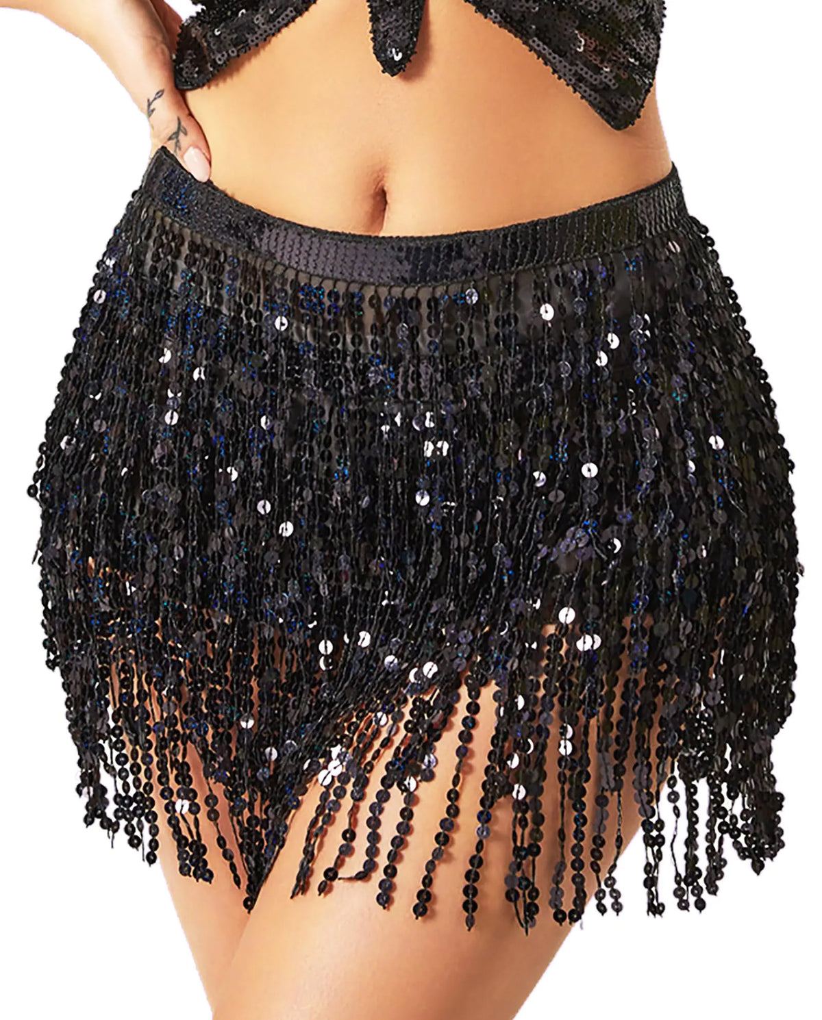 Black Sequin Tassel Skirt Wrap Skirt Belly Dance Sparkling Skirts Fringe Hip Scarf for Festival Mimarta