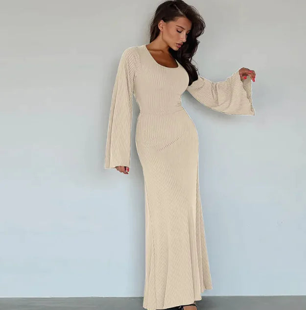 Fashion U-neck Dress Back Lace-up Long Bell Sleeve Dresses Women Rieworkes