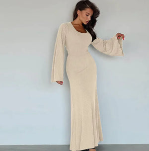 Fashion U-neck Dress Back Lace-up Long Bell Sleeve Dresses Women Rieworkes