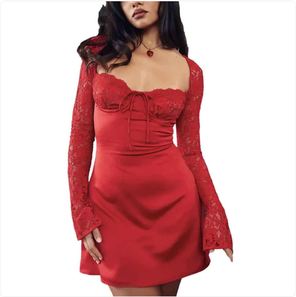 Women's Lace Corset Long Sleeve Backless Dress Rieworkes