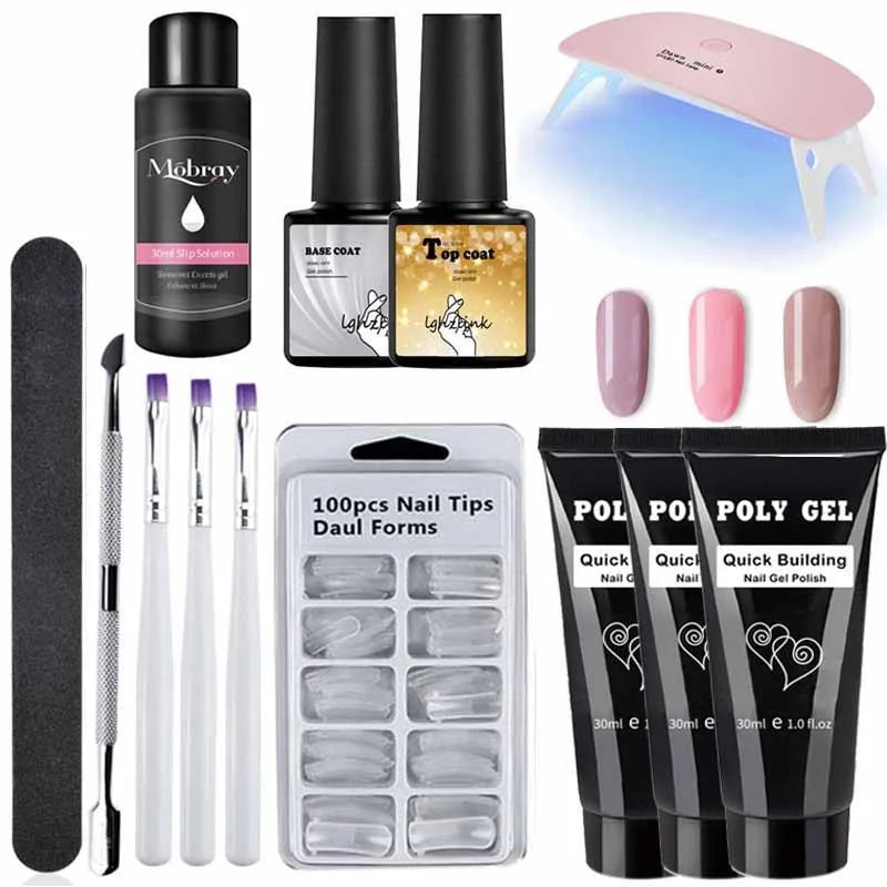 French Nail Art Poly Gel Kit with UV Brush and Nail Tips Rieworkes