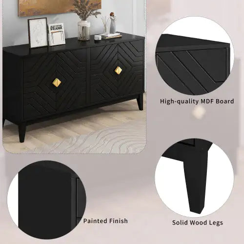 4-door Sideboard Storage Cabinet For Living And Dining Room, Two Large Cabinets With Gold Handle And Adjustable Shelves, Black Rieworkes