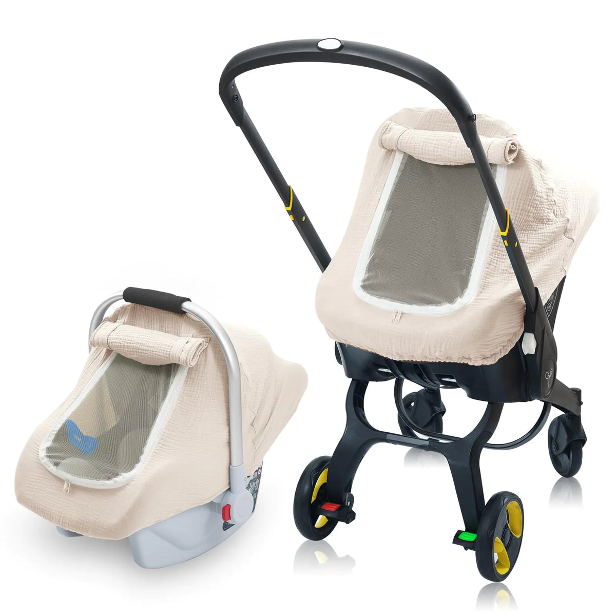 3 Layer Muslin Baby Car Seat Cover Infant Car Seat Cover with Mesh Peep Window Breathable Carseat Canopy for Winter Windproof Carrier Cover with Privacy Sun Shade Baby Stroller Weather Shields Mimarta
