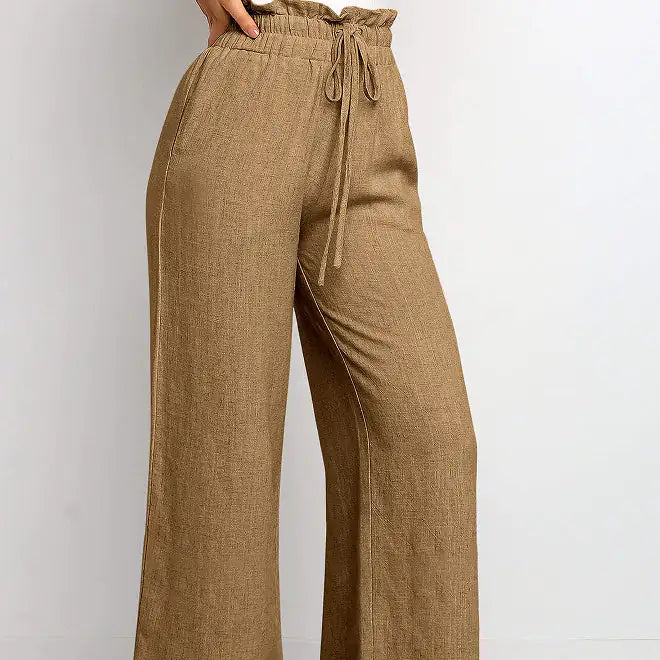 Elastic Waistband Lace-up Wide Leg Pants Solid Color Cropped Pants Rieworkes