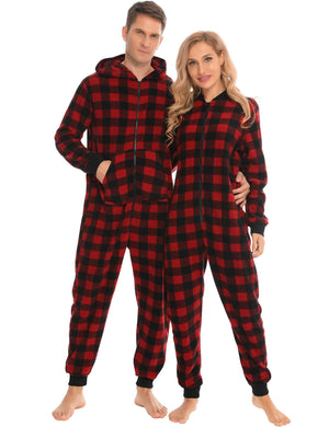 SWOMOG Couples Christmas One Piece Pajamas Sets Women & Men Fleece Winter Loungewear Zip-Up Jumpsuit with Pockets Pjs Men Red Grid X-Large Mimarta