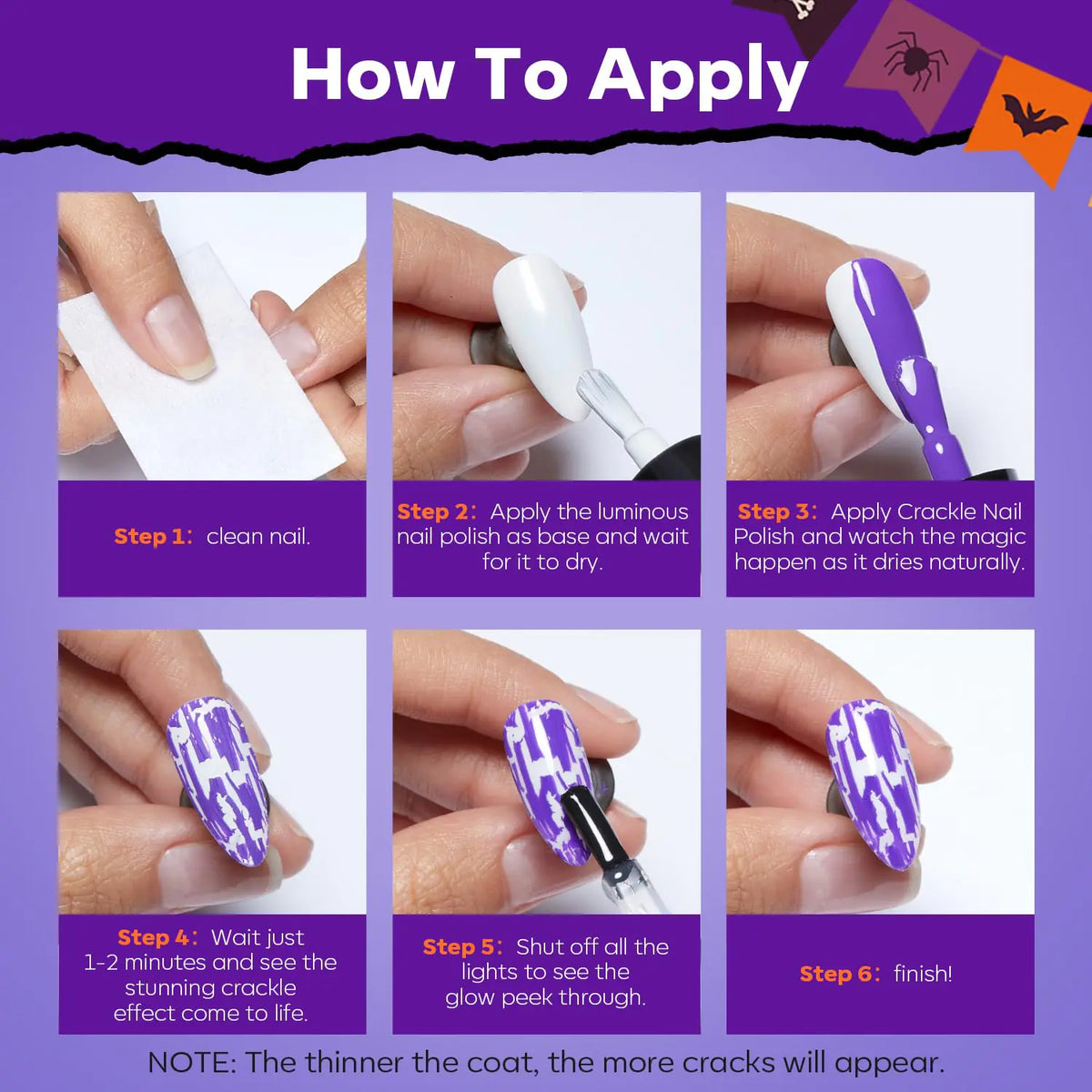 modelones Halloween Nail Polish Set 6 Colors, Boo-tiful Nightmare Collection with Stickers, Glow in the Dark White Crackle Black Purple Orange Hot Pink Quick Dry Nail Art Kit, Fall Gift for Women A1 Boo-tiful Nightmare Rieworkes