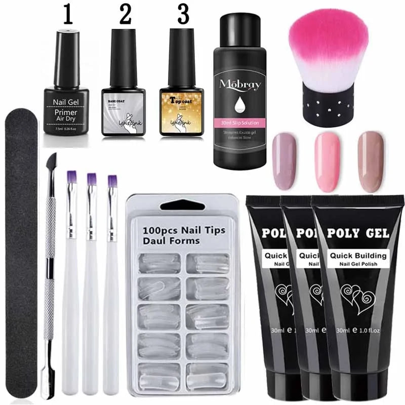 French Nail Art Poly Gel Kit with UV Brush and Nail Tips Rieworkes