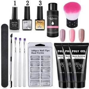 French Nail Art Poly Gel Kit with UV Brush and Nail Tips Rieworkes