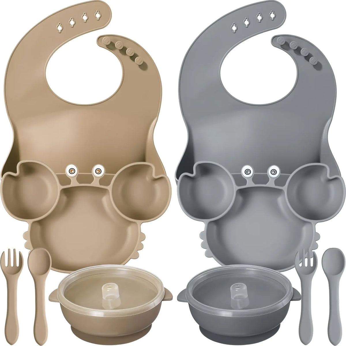 10 Pcs Baby Led Weaning Supplies Silicone Baby Feeding Set with Divided Plate Adjustable Bib Suction Bowl Soft Spoon Fork Toddler Self Eating Utensil Set (Khaki Dark Gray) Rieworkes