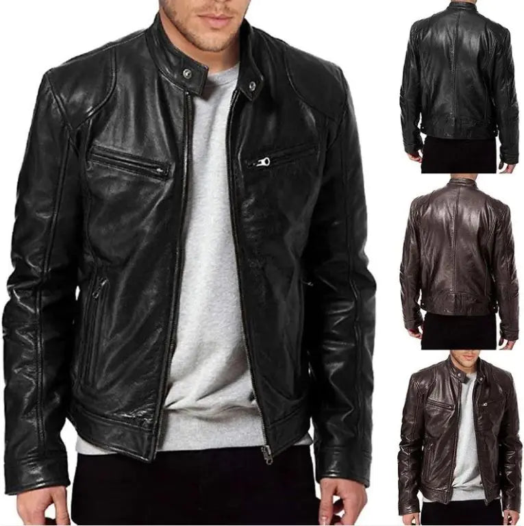 Men's Zip Cardigan PU Leather Jacket With Stand Collar Rieworkes