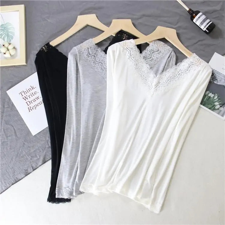 Women Lace V-neck Long-sleeved Thermal  Slim Warm Top Rieworkes