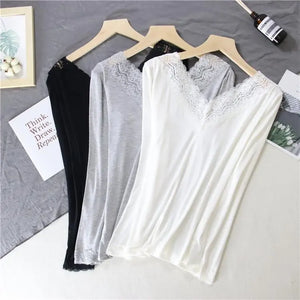 Women Lace V-neck Long-sleeved Thermal  Slim Warm Top Rieworkes