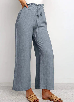 Elastic Waistband Lace-up Wide Leg Pants Solid Color Cropped Pants Rieworkes