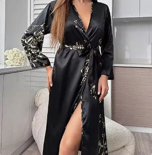 Cherry Print Satin Nightgown & Robe Set Rieworkes