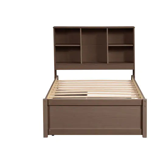 Modern Twin Size Bed Frame With Built-in USB Port On Bookcase Headboard And 2 Drawers For Walnut Color Rieworkes