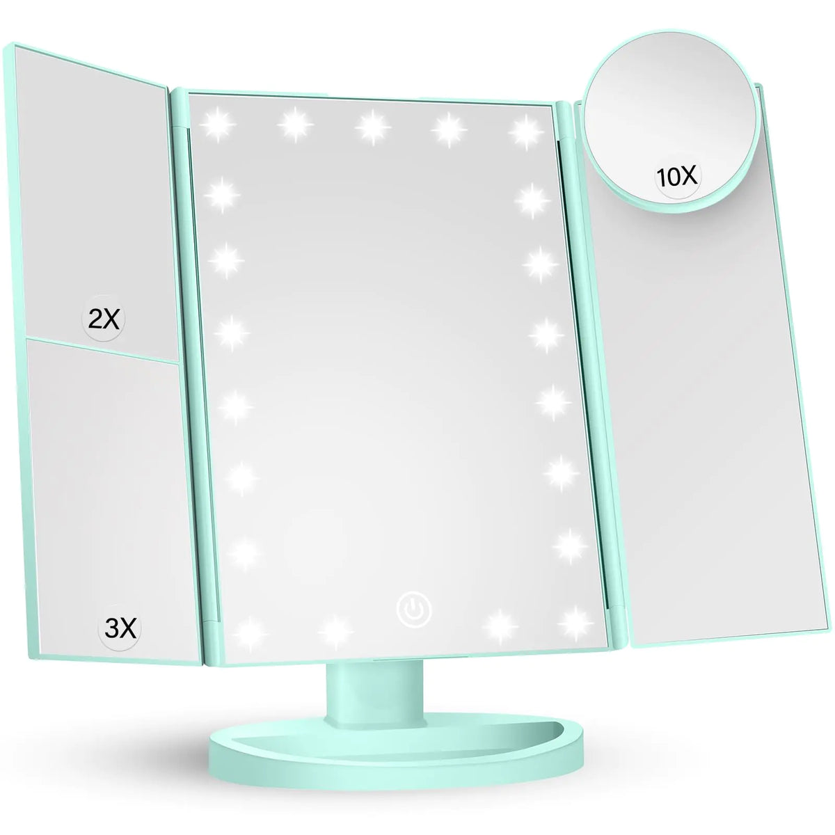 HUONUL Makeup Mirror Vanity with Lights, 2X 3X 10X Magnification, Lighted Mirror, Touch Control, Trifold Dual Power Supply, Portable LED Women Gift (Green) Green Rieworkes