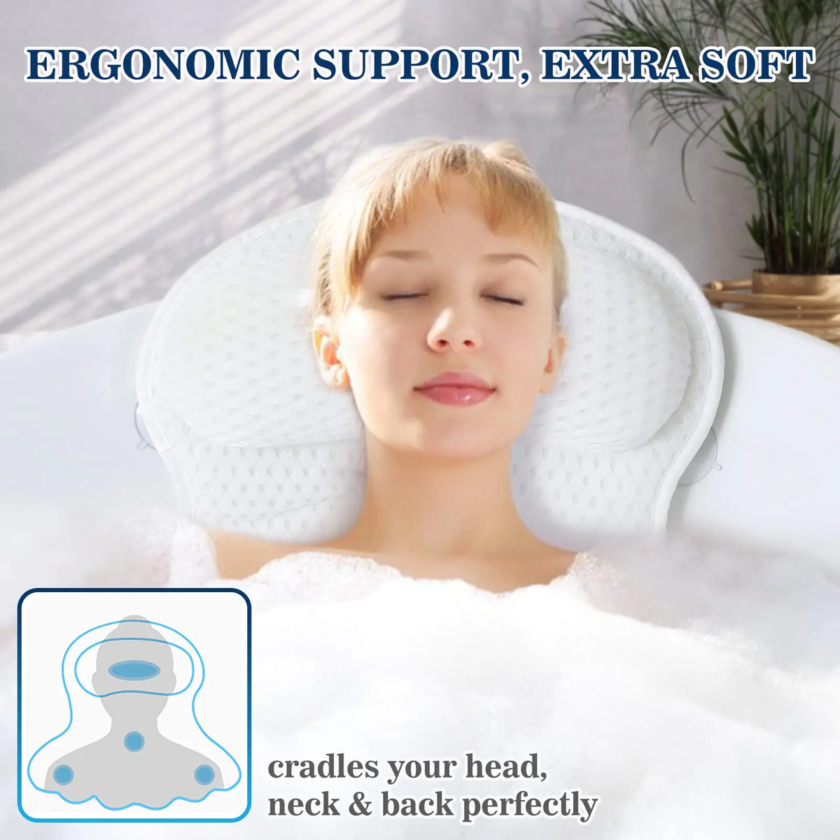 Bath Pillow Bathtub Pillow, Luxury Bath Pillows for Tub Neck and Back Support, Bath Tub Pillow Headrest with Soft 4D Mesh Fabric and Non-Slip Suction Cups, Relaxing Bath Accessories Spa Gifts Rieworkes