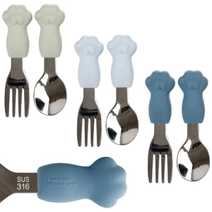 6 Pieces Toddler Utensils Stainless Steel & Food Grade Silicone Fork & Knife Set Cat Paw Flatware with Silicone Handle Easy-Grip Handles Cutlery for Self Feeding Dishwasher Safe BPA Free (Blue) Rieworkes
