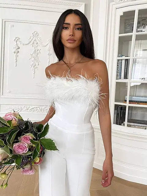 Women Sequined Feather-paneled Jumpsuit Rieworkes