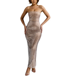 PORRCEY Hot Drilling Craft Sexy Elegant Off Shoulder Party Club Night Evening Dress(6962BeigeM) Mimarta